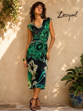 Desigual Green Abstract Twist Front Bodycon Midi Dress XS/S Stretch Viscose